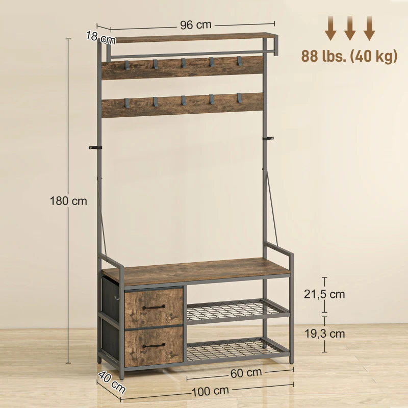 HOMCOM 6-in-1 Kapstok met Schoenenbank en Schoenenrek, Industrieel Ontwerp, 10 Haken, 2 Stoffen Laden, Metaal, Bruin(m-3)