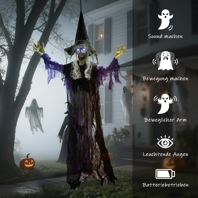 Outsunny 183cm Halloween Dekoration Hängende Halloween Hexe mit LED-Lichter, Soundfunktion verstellbare Arme, Mund