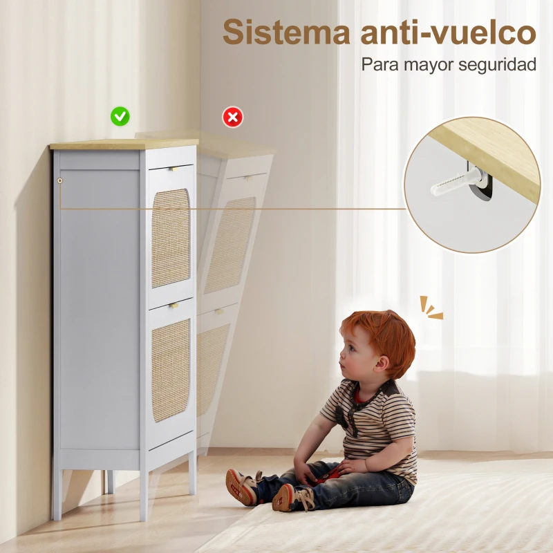 HOMCOM Zapatero Estrecho con 2 Puertas de Ratán Estantes Ajustables para 14 Pares de Zapatos 80x24x95,5 cm Blanco