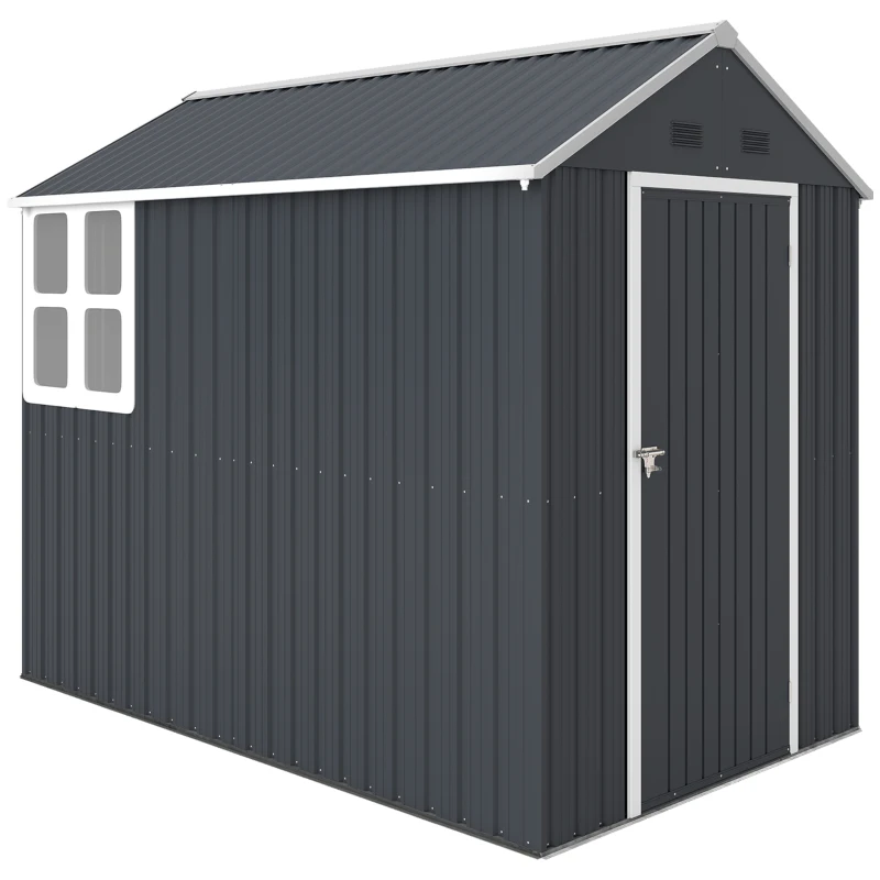 Outsunny Magazie de Gradina din Otel Galvanizat si PP cu 4 Guri de Aerisire si Fereastra, 259x171x222 cm, Gri si Alb