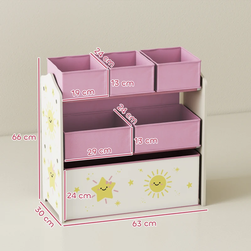 AIYAPLAY Kinder-Spielzeugregal mit 3 Ebenen und 6 herausnehmbaren nicht gewebten Stoffkisten für Kindertagesstätte 63x30x66 cm Rosa