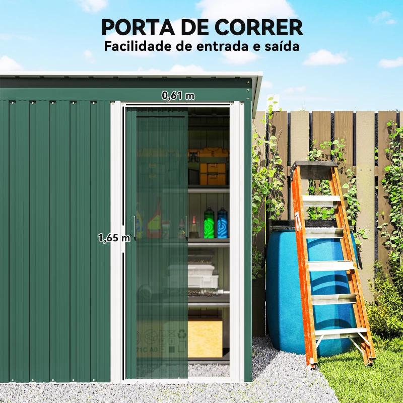Outsunny Abrigo de Jardim Exterior 1,5 m² 163x89x182 cm Abrigo Metálico para Ferramentas com Porta de Correr e Teto Inclinado Verde