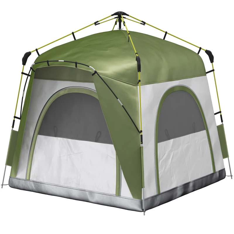 Outsunny Instant Pop Up Camping Tent, 4 Man Dome Tent with 4 Doors, Sewn-in Groundsheet, Carry Bag and Top Hook for Fishing Hiking Festival, Green