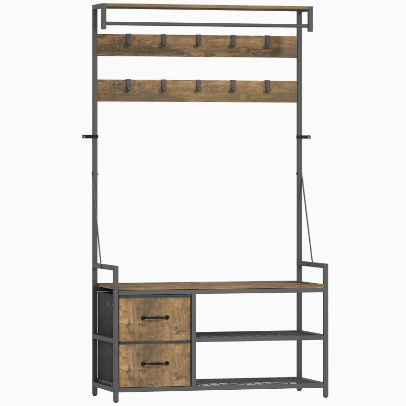 HOMCOM Perchero Zapatero con Banco Zapatero Doble 10 Ganchos Ajustables 2 Cajones y Barra Colgante 100x40x180 cm Marrón Rústico
