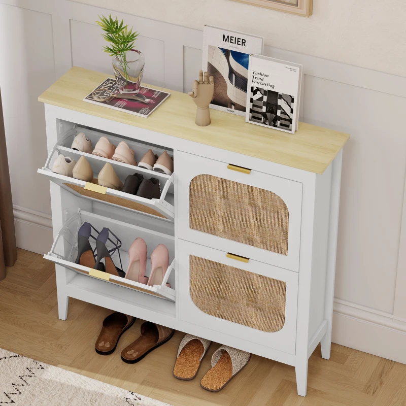 HOMCOM Meuble à chaussures 20 paires bohème avec 4 tiroirs rabattables, portes effet cannage rotin, 105 x 24 x 95,5 cm, blanc(m-8)