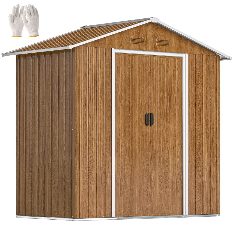 Outsunny 6.5 x 3.5ft Metal Garden Storage Shed - Brown Wood Effect