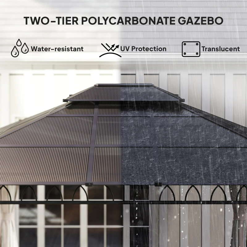 Outsunny 3.6 x 3 (m) Outdoor Polycarbonate Gazebo, Double Roof Hard Top Gazebo with Nettings & Curtains for Garden, Lawn, Patio