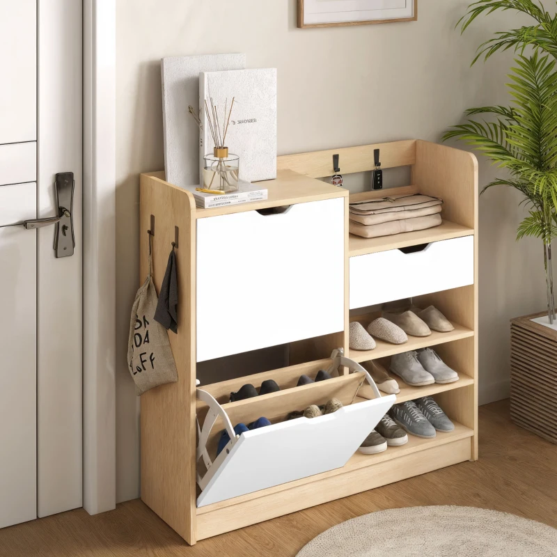 HOMCOM Scarpiera Ingresso con Cassetto Ripiani Aperti 4 Ganci per 14 Paia di Scarpe Naturale e Bianco