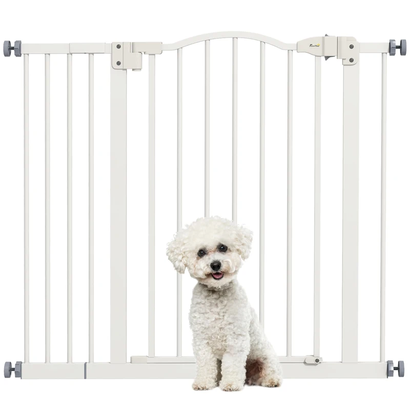 PawHut Barrera de Seguridad para Perros 74-94 cm con Extensión Montaje a Presión Doble Bloqueo para Puerta Escalera Blanco