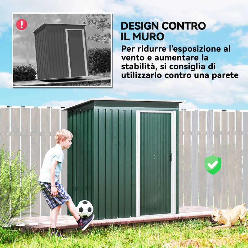 Outsunny Capanno Attrezzi con Tetto Inclinato e Porta Scorrevole, in Acciaio Zincato, 163x89x182 cm, Verde