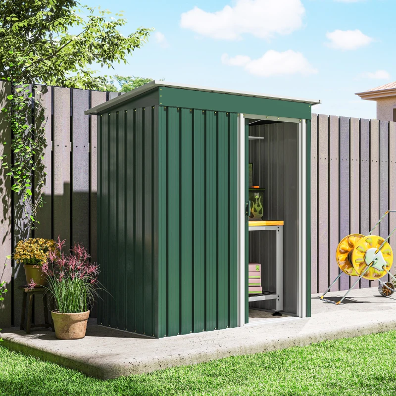 Outsunny Abrigo de Jardim Exterior 1,5 m² 163x89x182 cm Abrigo Metálico para Ferramentas com Porta de Correr e Teto Inclinado Verde
