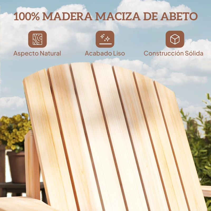 Outsunny Silla Adirondack de Madera con Reposabrazos y Respaldo Alto para Terraza Balcón Exterior 72x95x93 cm Natural