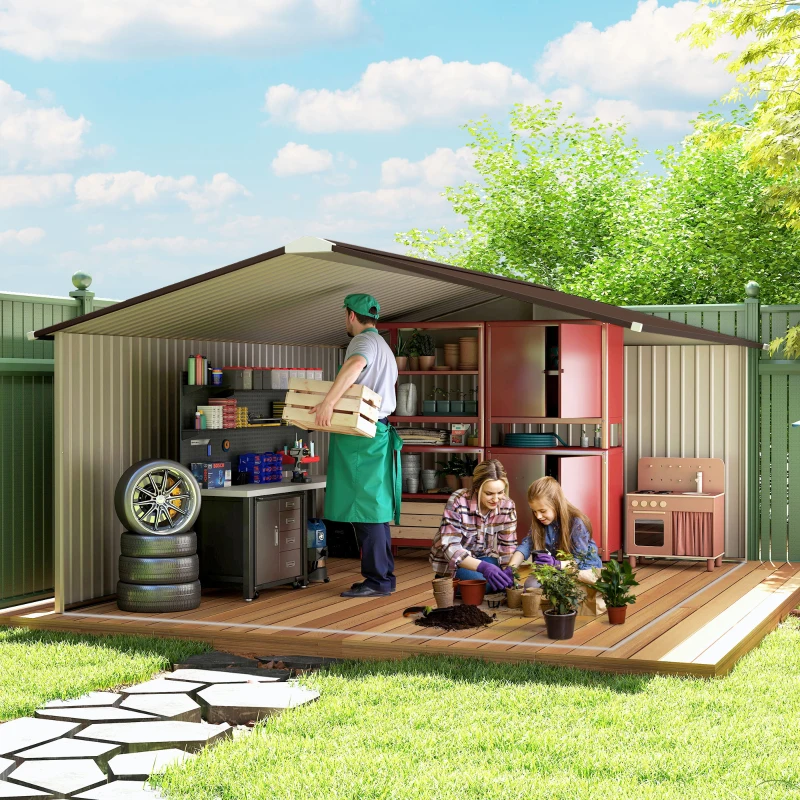 Outsunny Casetta da Giardino con 2 Porte Scorrevoli e 4 Prese d'Aria in Acciaio, 340x386x200cm, Giallo