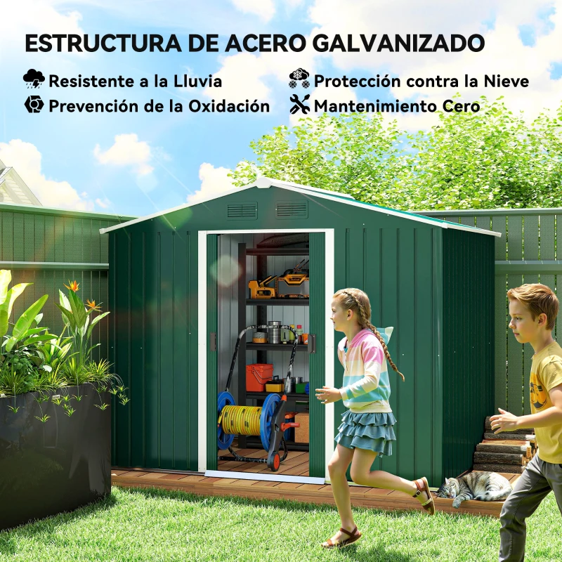 Outsunny Caseta de Jardín de 3,6m² 236x174x190 cm Cobertizo Exterior para Herramientas con Puertas Correderas y 4 Ventanas Verde