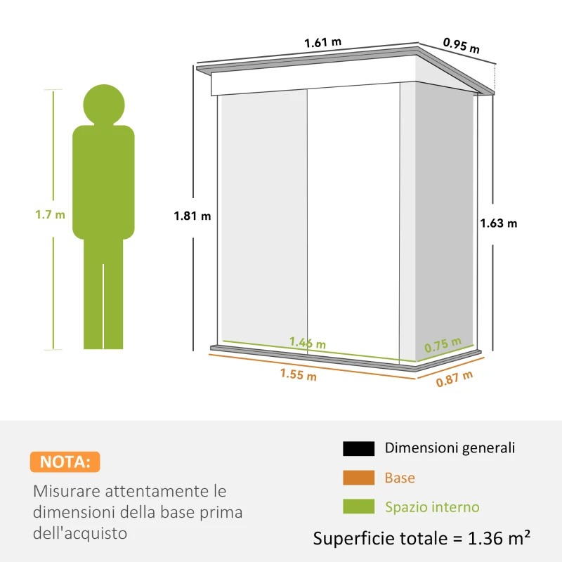 Outsunny Casetta da Giardino Porta Attrezzi in Acciaio con Porta Bloccabile, 161x95x163/181cm, Grigio
