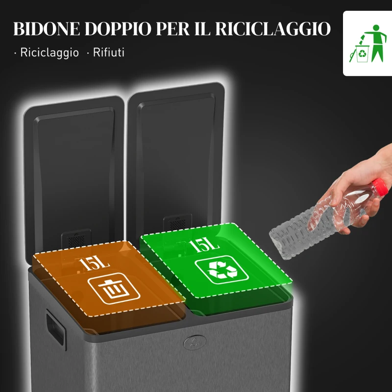 HOMCOM Bidone Immondizia a 2 Sezioni da 15L con Chiusura Silenziosa, in Acciaio Inox e PP, 41.7x36.6x43.2 cm, Nero