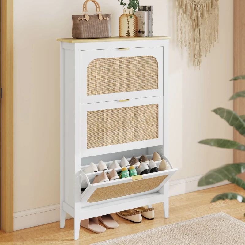 HOMCOM Meuble à chaussures 21 paires bohème avec 3 tiroirs rabattables, portes effet cannage rotin, 80 x 24 x 131 cm, blanc