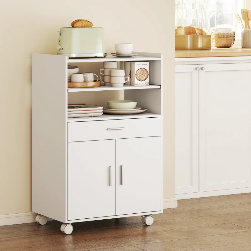HOMCOM Chariot de cuisine sur roulettes, desserte micro-onde à roulettes avec placard tiroir étagères, 59 x 40 x 92 cm, blanc