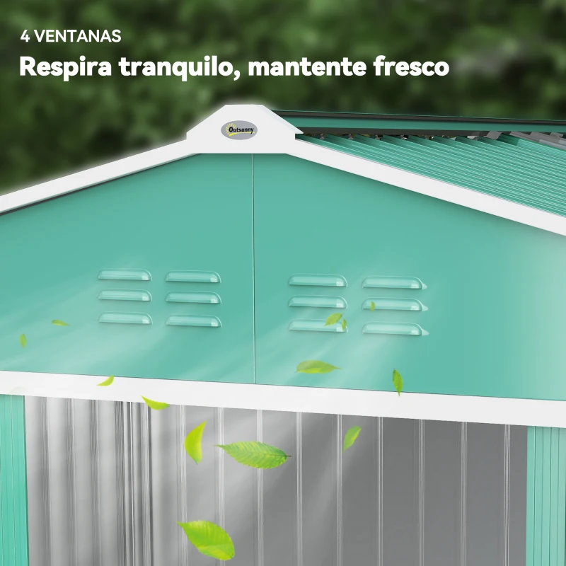 Outsunny Cobertizo de Jardín 4,9 m² 277x195x192 cm con 2 Puertas Corredizas Techo Inclinado y 4 Ventanas Verde