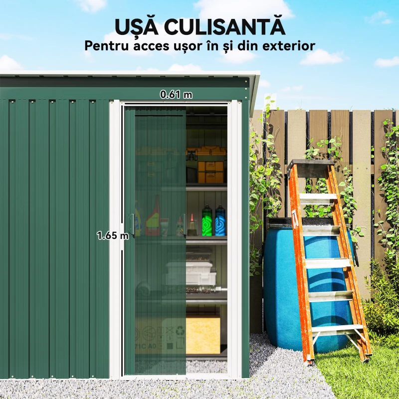 Outsunny Magazie de Grădină pentru Scule din Oțel Galvanizat cu Acoperiș Înclinat și Ușă Culisantă, 163x89x182 cm, Verde(m-5)