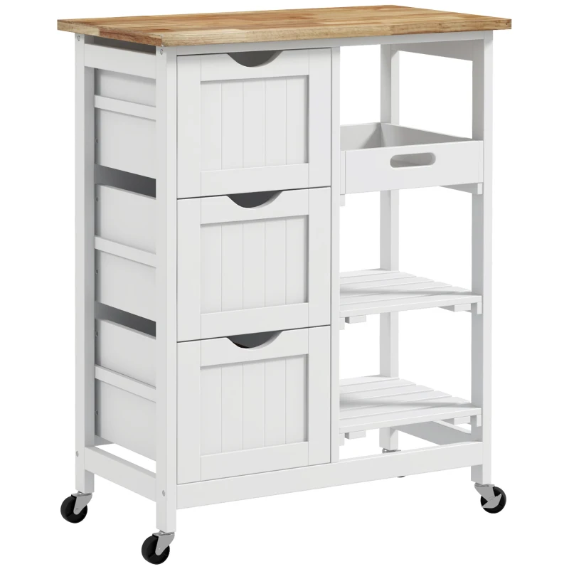 HOMCOM Carrito Auxiliar con Ruedas Carrito de Cocina con 3 Cajones 2 Estantes Abiertos y Bandeja Extraíble 67x37x85,5 cm Blanco