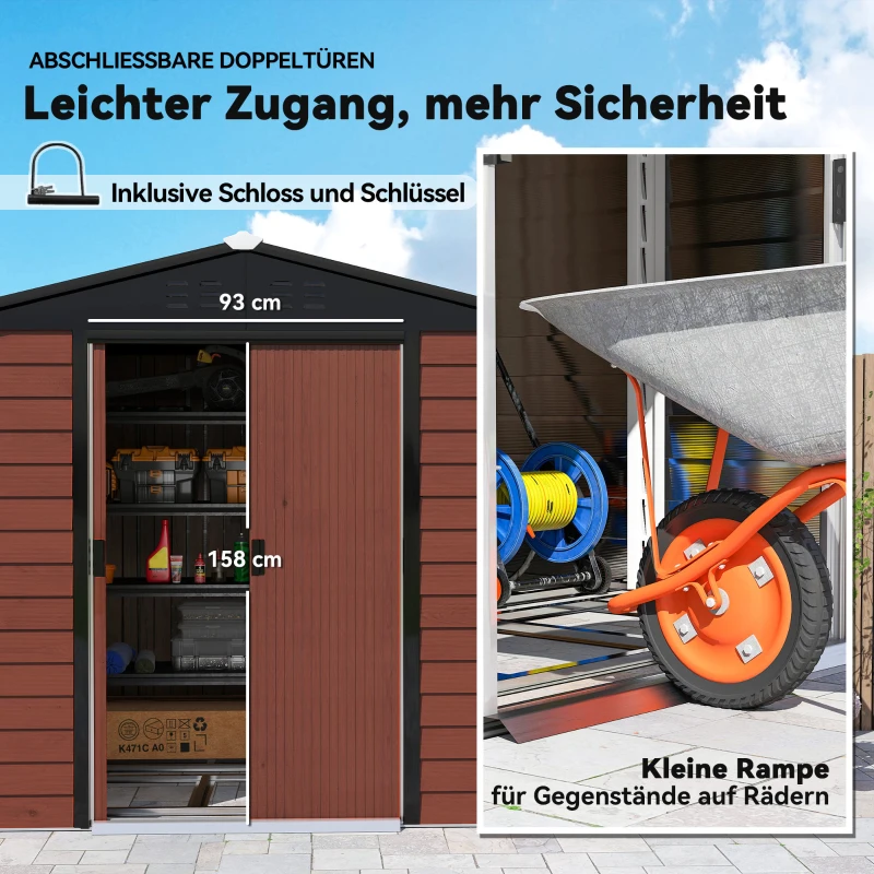 Outsunny Geräteschuppen aus Metall, wetterfest & rostfrei, abschließbar, 2,40 x 2,06 x 1,98 m, Teak(m-6)