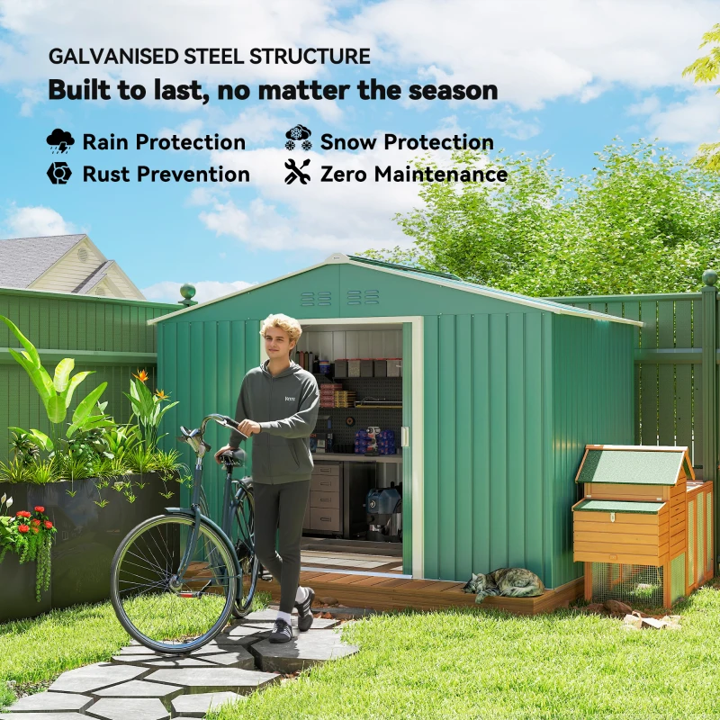 Outsunny Șopron pentru Unelte cu Acoperiș Înclinat și Uși Glisante Duble, 277x195x192 cm, Verde Închis