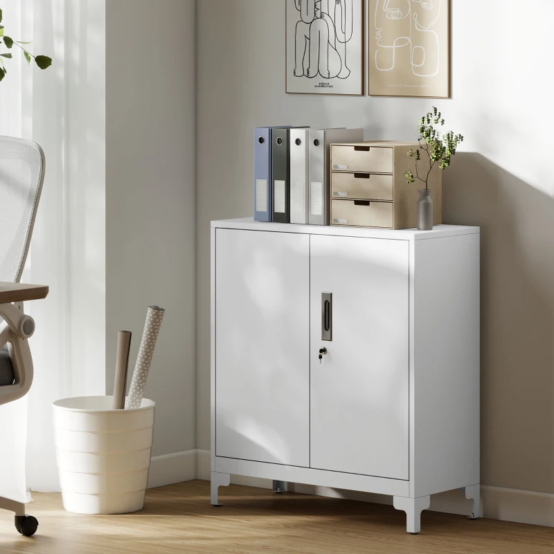 HOMCOM Armoire Métallique avec 2 Portes Serrure Etagère Facile à Monter pour Bureau Studio Garage 80x35x91 cm Blanc