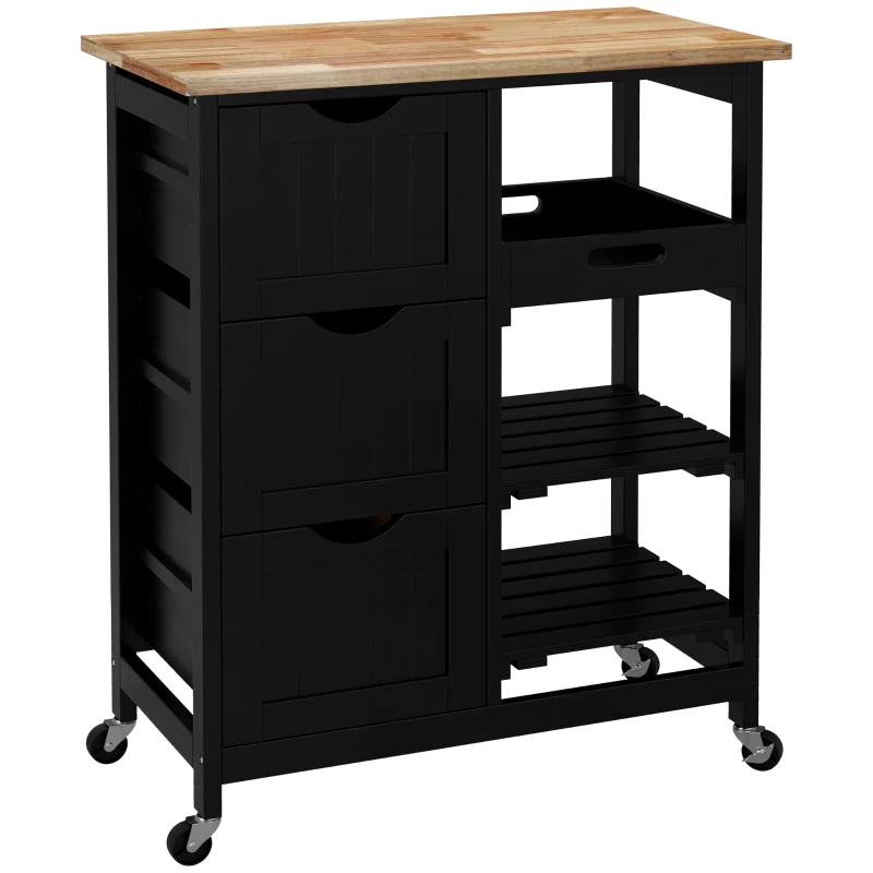 HOMCOM Carro de Cocina Carrito Auxiliar con Ruedas con 3 Cajones 2 Estantes Abiertos y Bandeja Extraíble 67x37x85,5 cm Negro