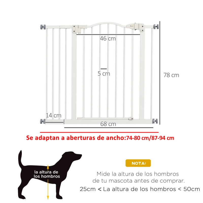 PawHut Barrera de Seguridad para Perros 74-94 cm con Extensión Montaje a Presión Doble Bloqueo para Puerta Escalera Blanco