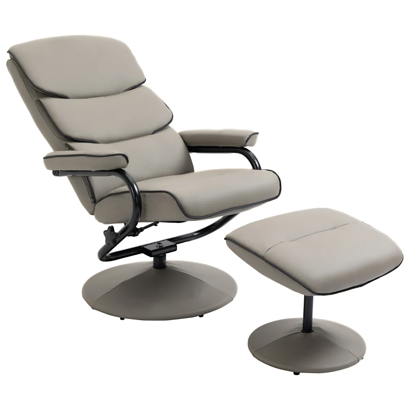 HOMCOM Fauteuil relax avec pouf, fauteuil TV avec dossier inclinable, pivotant à 360° assise rembourrée confortable, gris