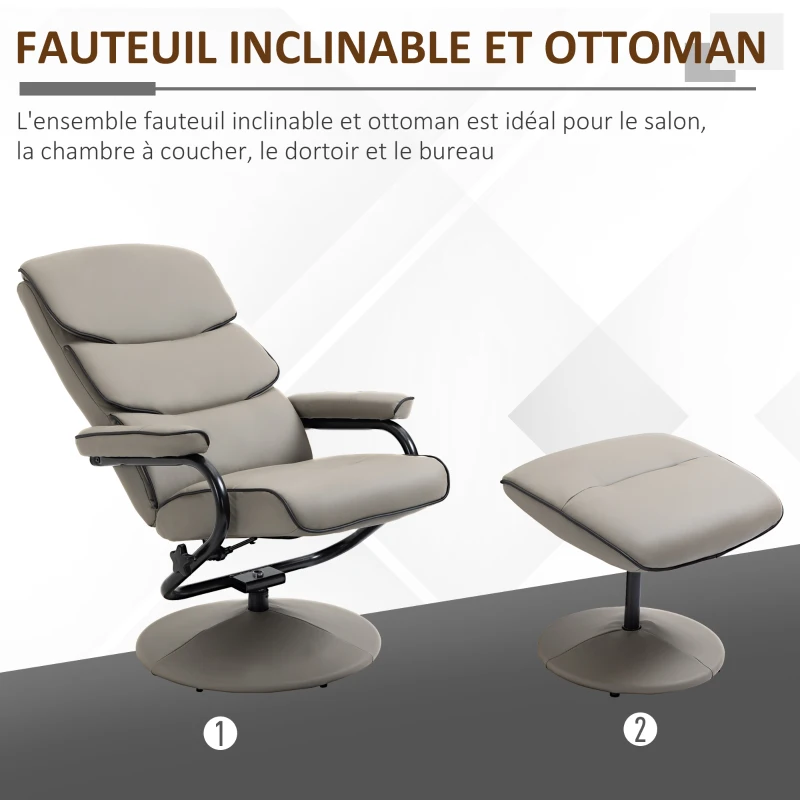 HOMCOM Fauteuil relax avec pouf, fauteuil TV avec dossier inclinable, pivotant à 360° assise rembourrée confortable, gris