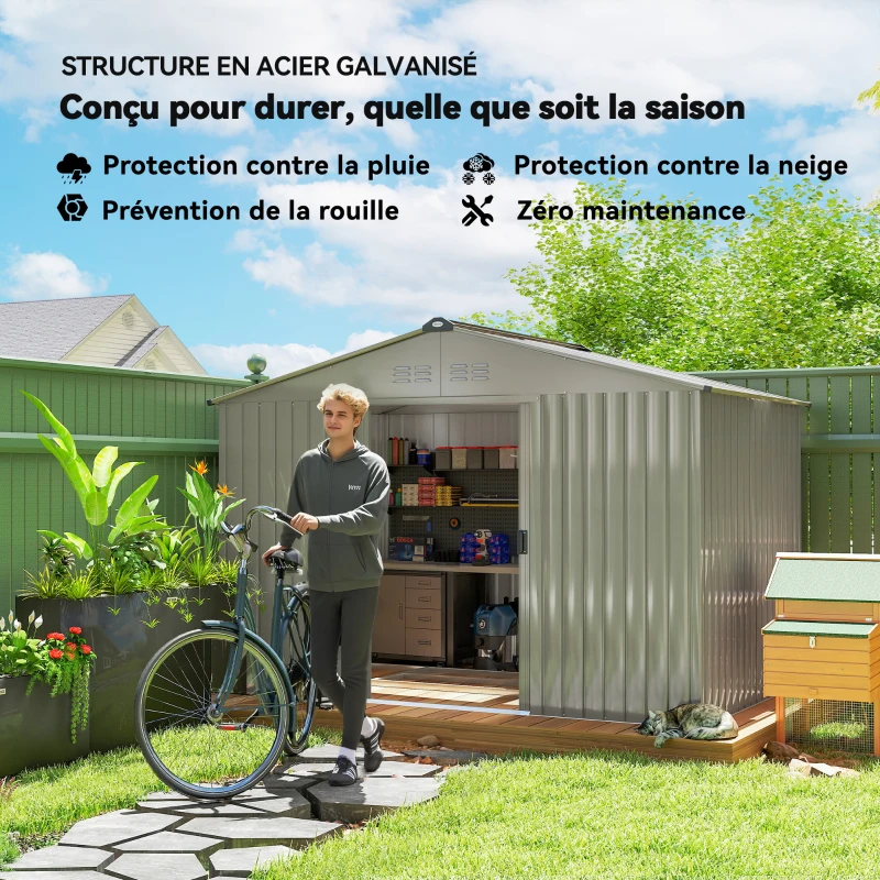Outsunny Abri de jardin 5,4 m² dim. 2,77 x 1,95 x 1,92 m fondation incluse porte coulissante ventilations tôle acier, anthracite