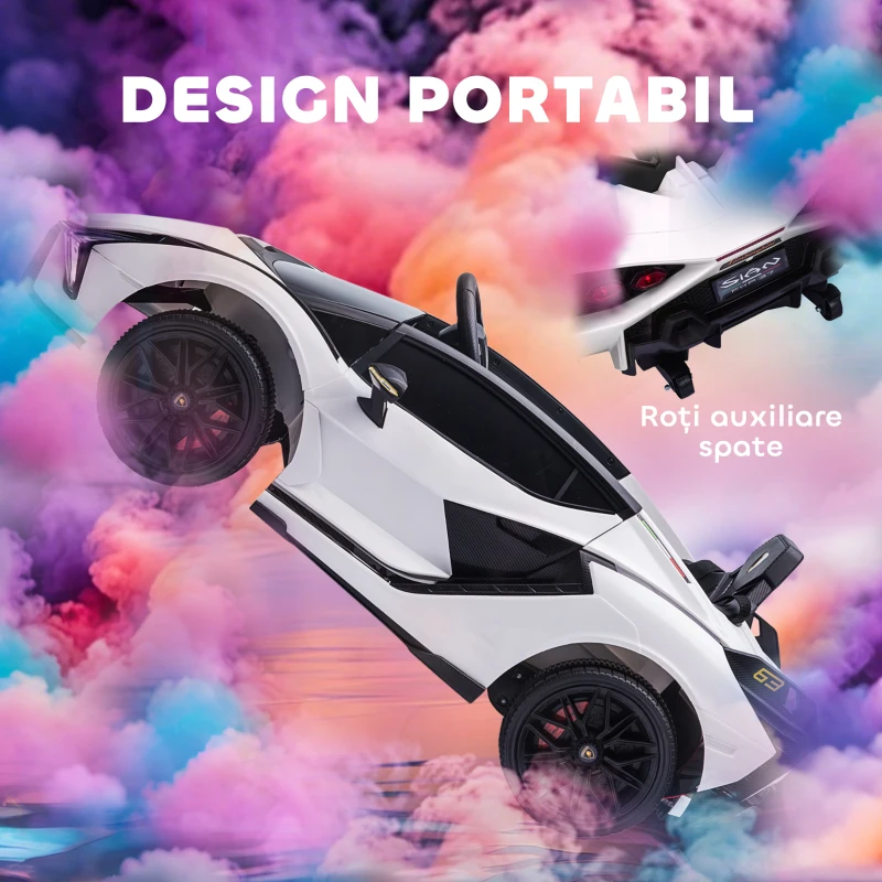 HOMCOM Mașină Electrică pentru Copii 3-5ani, Mașinuță Electrică Lamborghini cu Faruri, Muzică și Telecomandă, 108x62x40cm, Alb