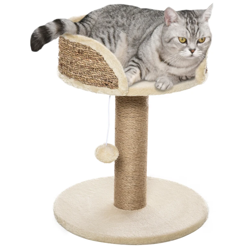 PawHut Arbre à chat arbre à grimper grattoir design jeu pompon suspendu + plateforme peluche 40 x 40 x 49 cm sisal beige