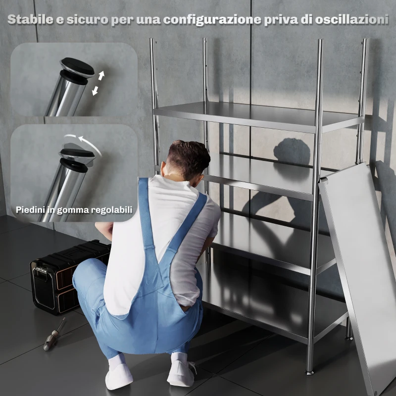 HOMCOM Scaffale da Cucina a 5 Livelli Regolabili su 13 Altezze Diverse, in Acciaio Inox, 91x40x139 cm, Argento