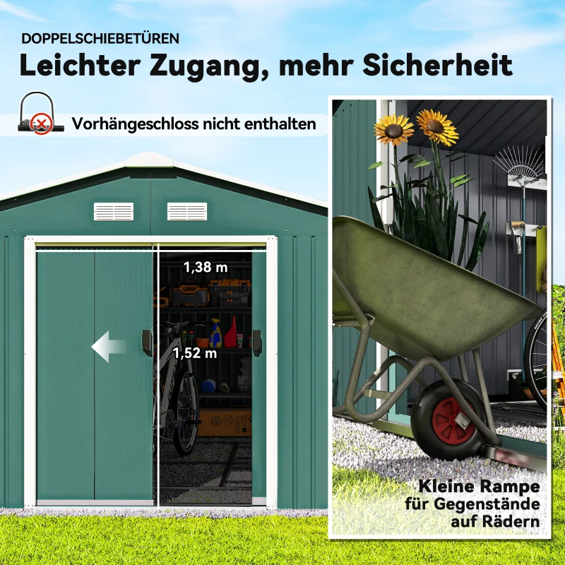 Outsunny Geräteschuppen, Wetterfestes Gartenhaus für Gartengeräte, mit Belüftungsfenstern, Schiebetüren, Stahl, Dunkelgrün(m-5)