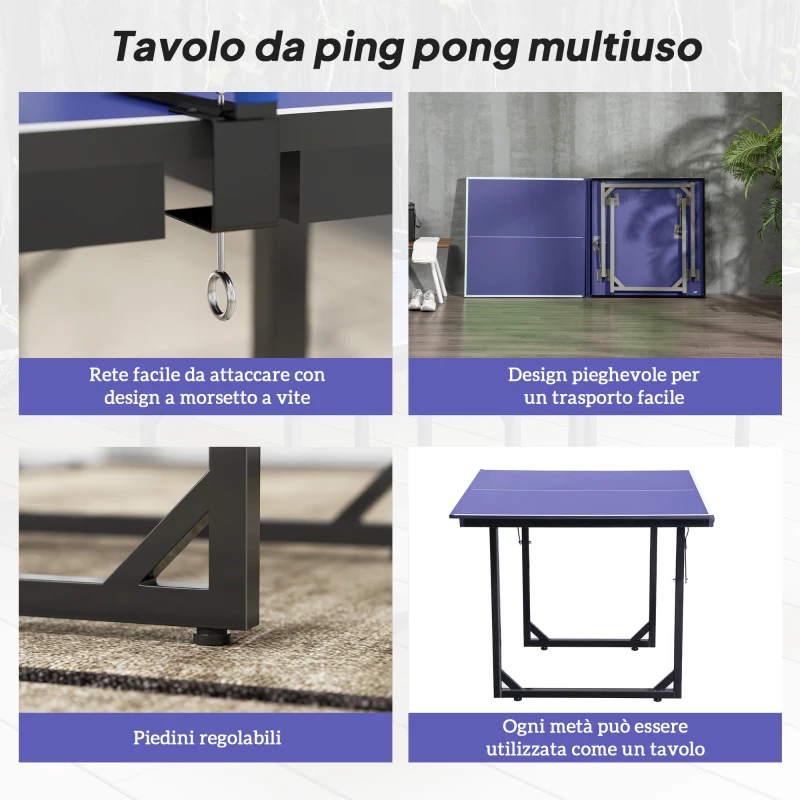HOMCOM Tavolo da Ping Pong Pieghevole per Interni, Tavolo Ping Pong con Rete, Montaggio Non Richiesto, 182x91 cm, Blu e Viola
