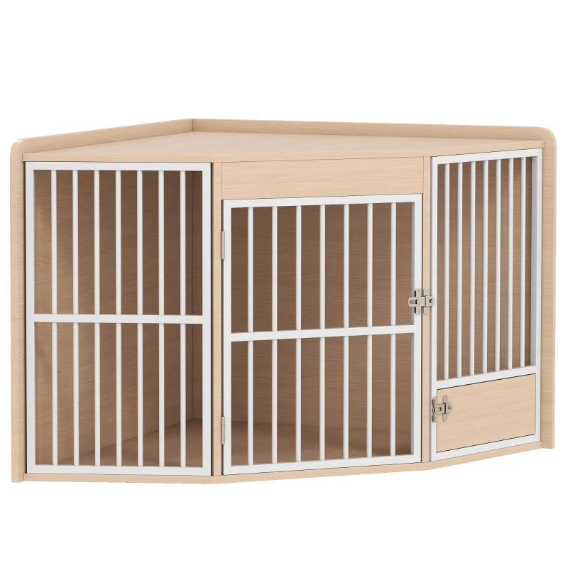 PawHut Cage d'angle pour chien, table d'appoint, avec porte rotative, pour petits et moyens chiens 113 x 80 x 64 cm, chêne