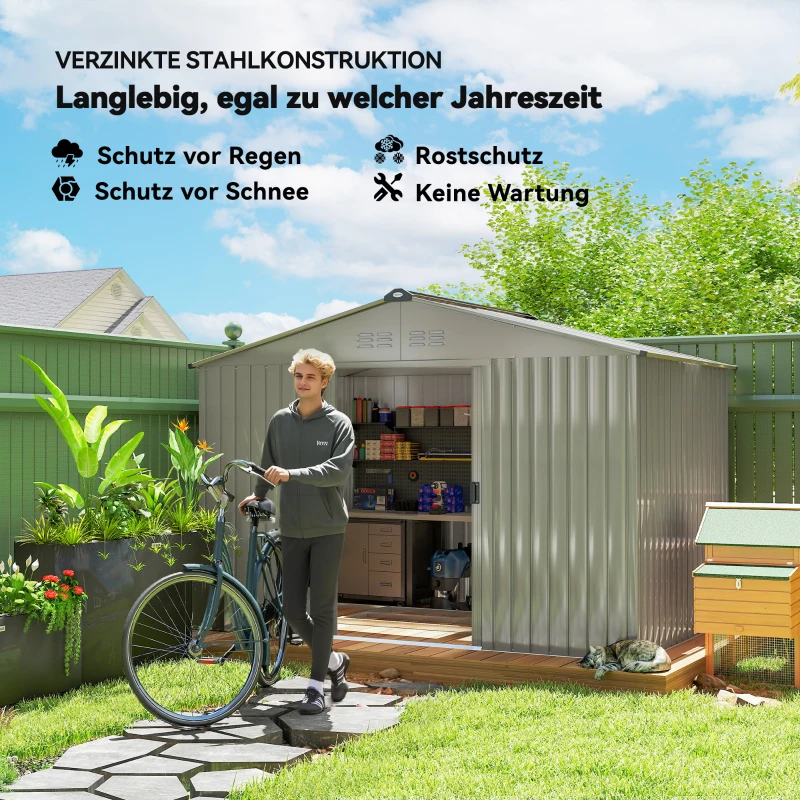 Outsunny Geräteschuppen aus Metall mit Schiebetüren und Belüftungsfenstern, 277 x 195 x 192 cm, Grau(m-5)