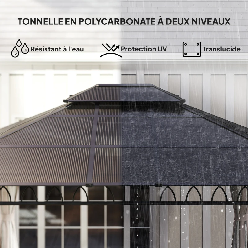 Outsunny Tonnelle de jardin avec toit polycarbonate 4 parois latérales anti-UV moustiquaires 3,6 x 3 m