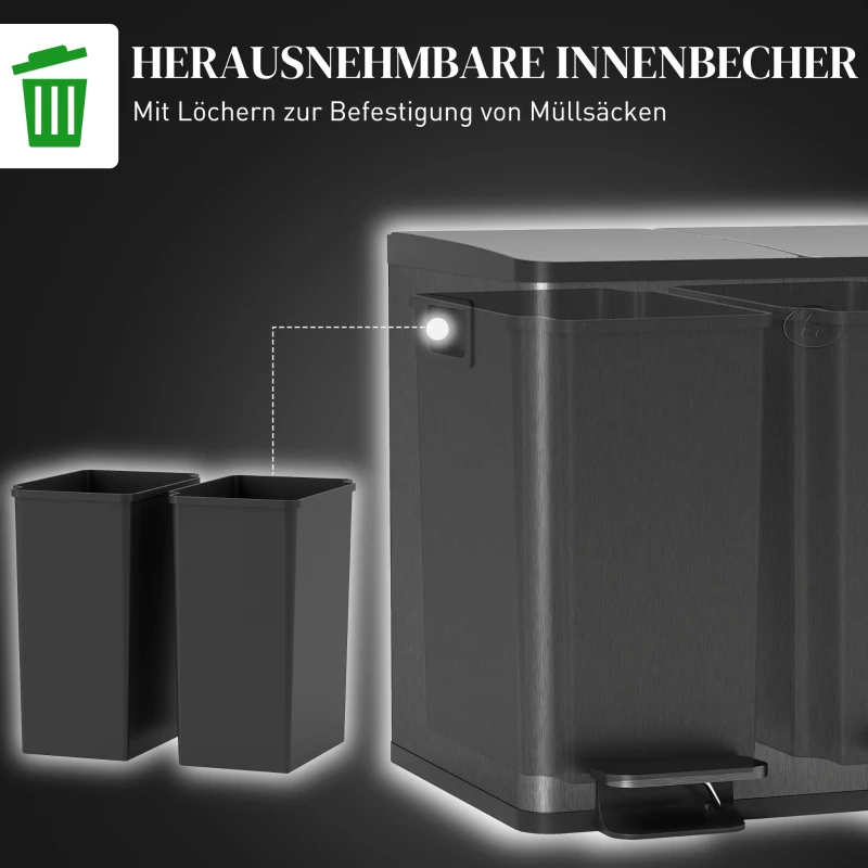 HOMCOM 2×15 L dubbele pedaalemmer – RVS, uitneembare binnenemmers, softclose, zwart