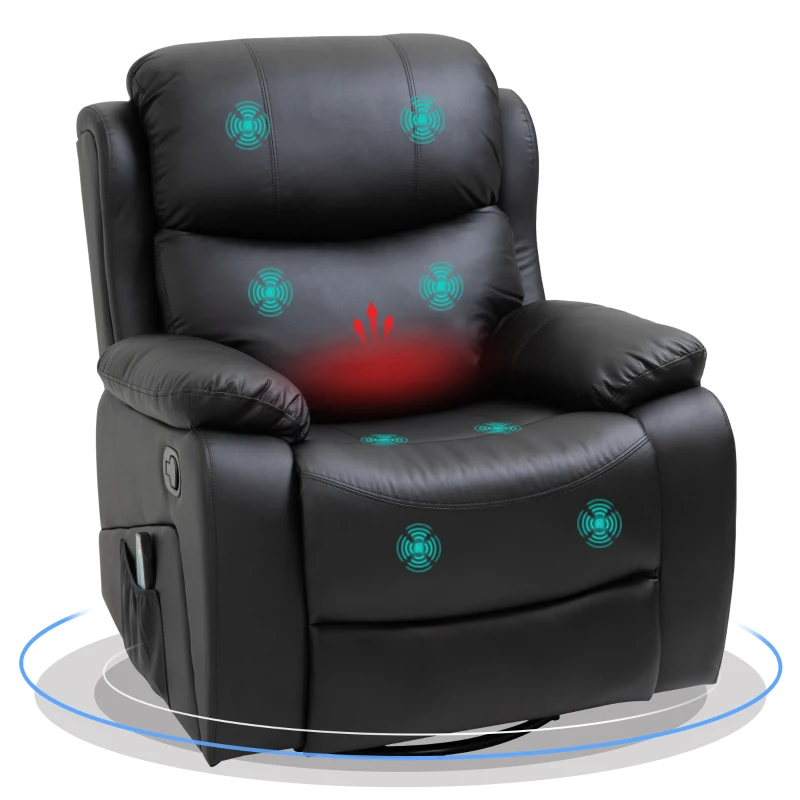 HOMCOM PU Leather Reclining Chair with 8 Massage Points and Heat, Manual Recliner with Swivel Base, Footrest and Remote, Black
