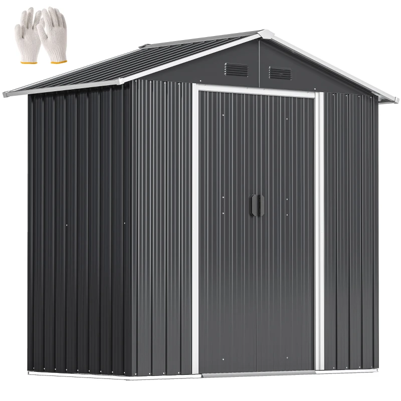 Outsunny 6.5x3.5ft Metal Garden Storage Shed for Outdoor Tool Storage with Double Sliding Doors and 4 Vents, Dark Grey