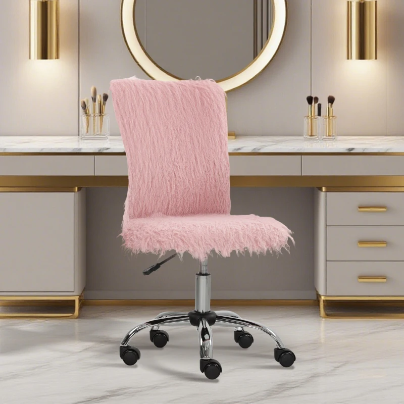 HOMCOM Plush Office Desk Chair, Modern Armless Swivel Vanity Chair with Adjustable Height for Home Office, Bedroom, Living Room, Pink
