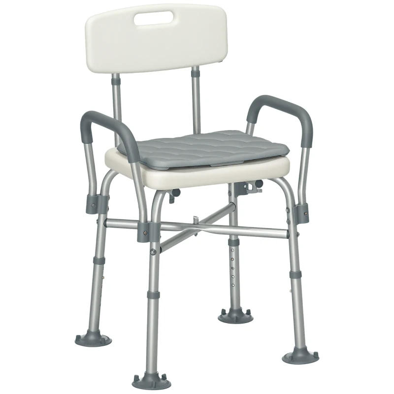 HOMCOM Silla Ducha Personas Mayores con Respaldo Reposabrazos Altura Ajustable Cojín Acolchado Extraíble Carga 136 kg Gris