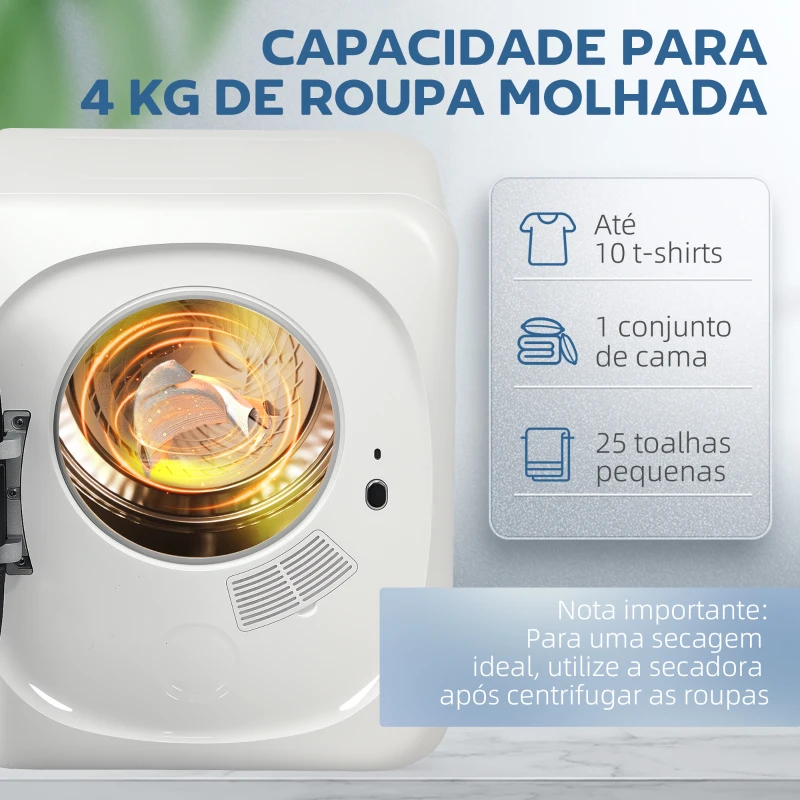 HOMCOM Máquina de Secar Roupa 4 kg 800W com Função Anti-Vincos Esterilização 5 Programas Carga Frontal 48x40x56 cm Branco