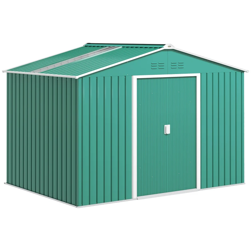 Outsunny Șopron pentru Unelte cu Acoperiș Înclinat și Uși Glisante Duble, 277x195x192 cm, Verde Închis