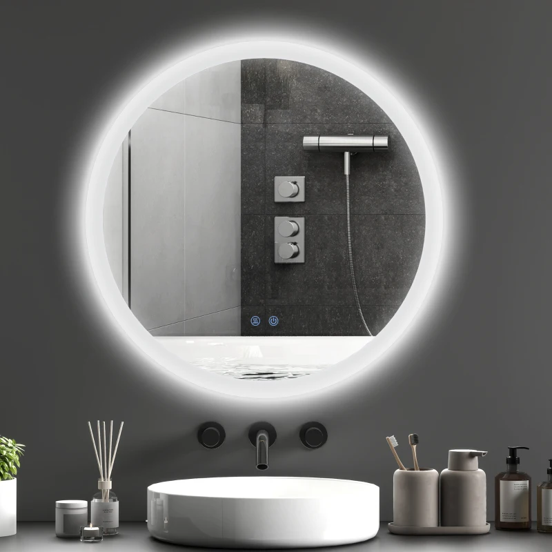 kleankin Specchio Bagno LED Antiappannamento con 3 Colori e Luminosità Regolabile, in Metallo e Vetro, Ø70x3 cm