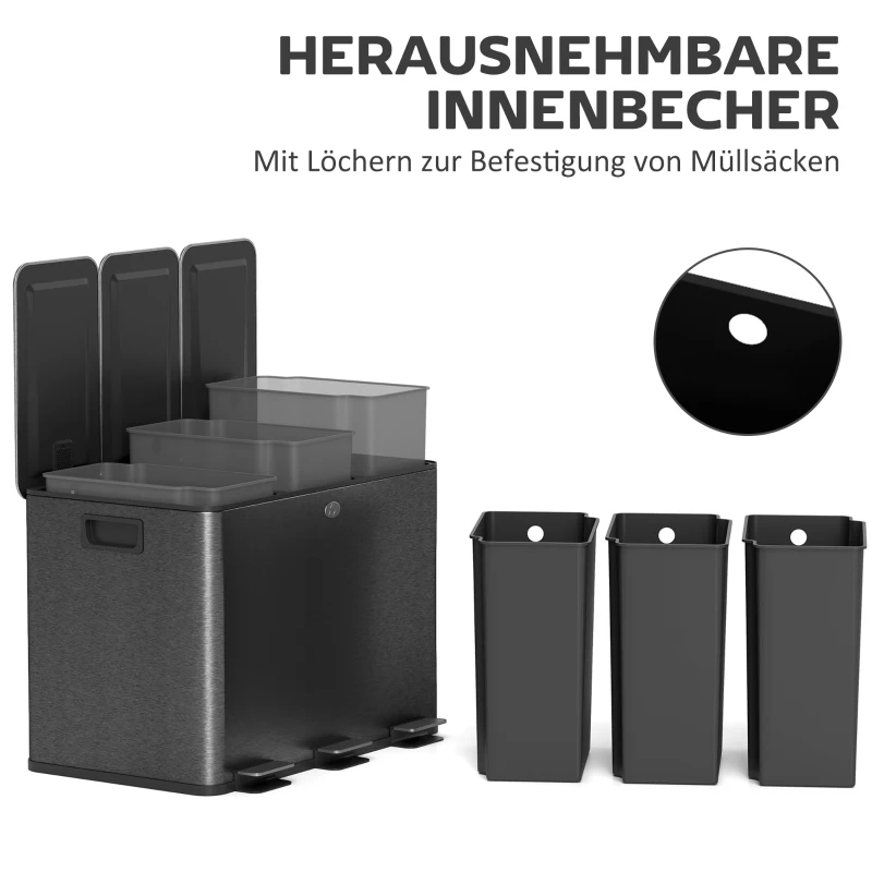 HOMCOM Mülleimer mit 3 x 20 L Fächern, Deodorant-Deckel, fingerabdrucksicher, Soft-Close, herausnehmbar, Schwarz(m-7)